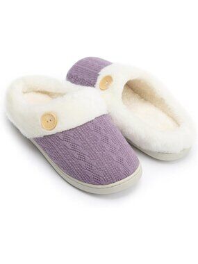 Women's Purple Warm Comfy Memory Foam Knitted Shoes Faux Fur Lined Slippers